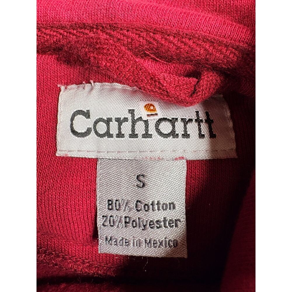 Carhartt Pullover Hoodie Mens Small Red Ribbed Hem Long Sleeves Embroidered Logo - Picture 4 of 7